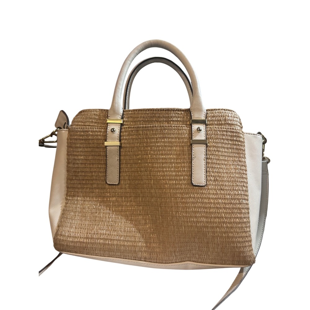 Liz Claiborne Straw Satchel Handbag Womens Medium Tan Cream Excellent Woven Boho - Picture 5 of 12